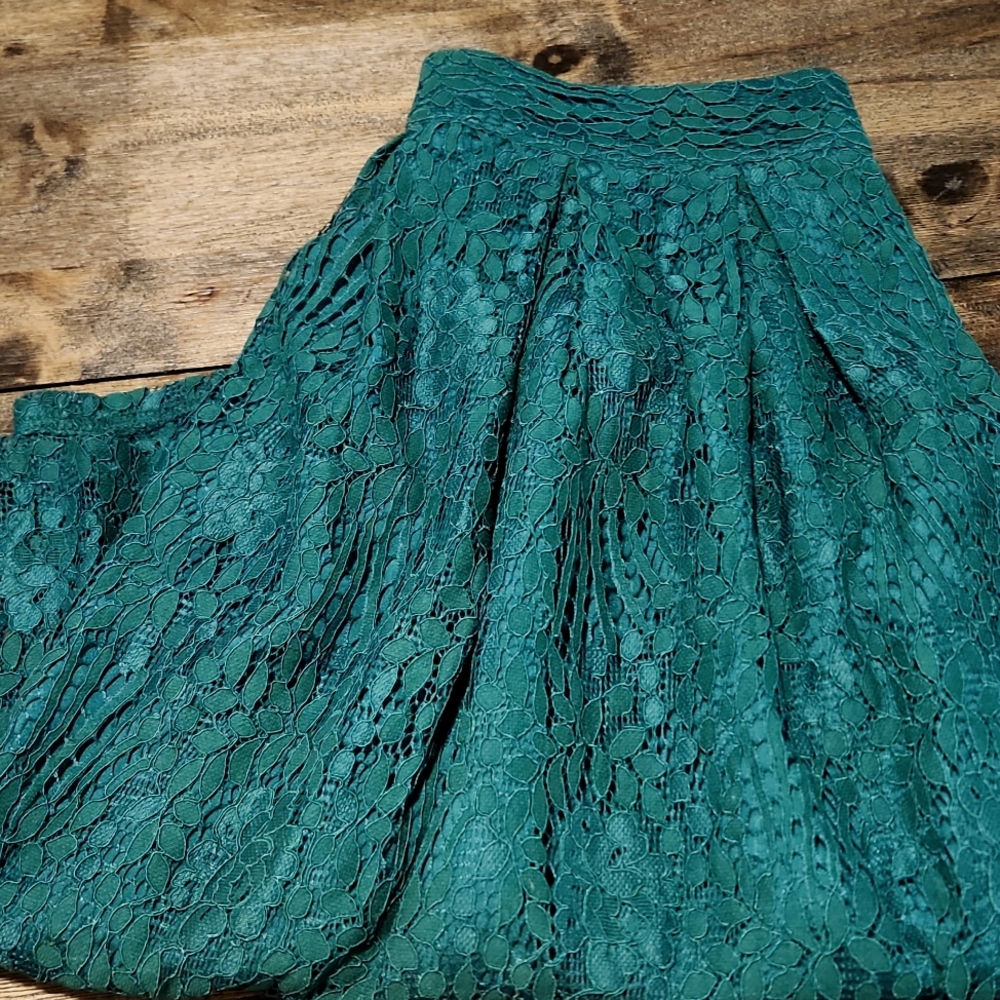 A-Line Lace Skirt, Forest Green, Knee Length, Lined, Women's Medium
